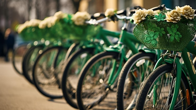 Una fila de bicicletas verdes adornadas con tréboles para el Desfile de Bicicletas del Día de San Patricio