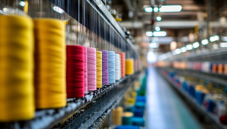 una fila de bobinas coloridas están en un estante en un almacén