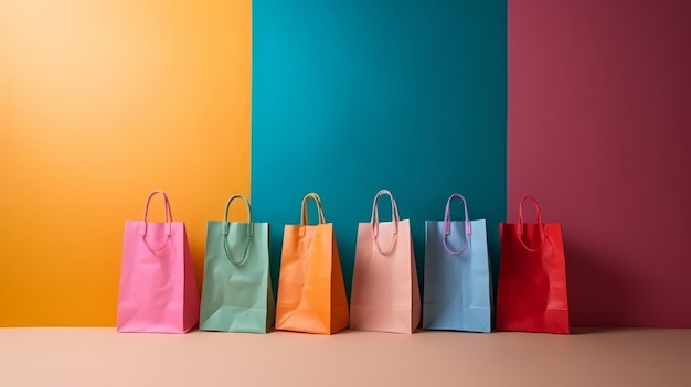 Una fila de bolsas de compras de papel de colores Ilustración AI Generative