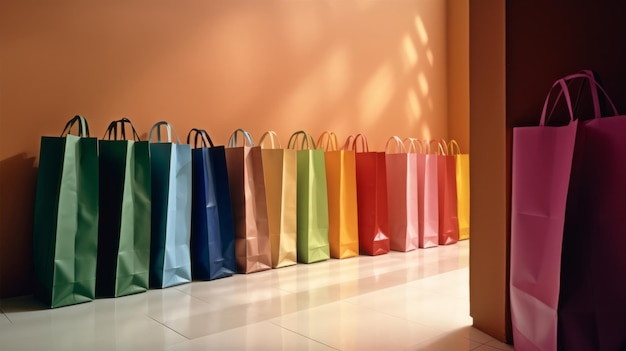 Una fila de bolsas de compras de papel de colores Ilustración AI Generative