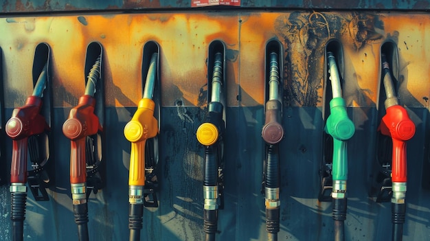 Una fila de bombas de gas alineadas contra una pared