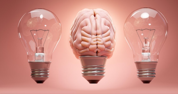 Fila de bombillas con cerebro humano brillante Concepto de inspiración creatividad idea educación innovación y energía renderizado 3D