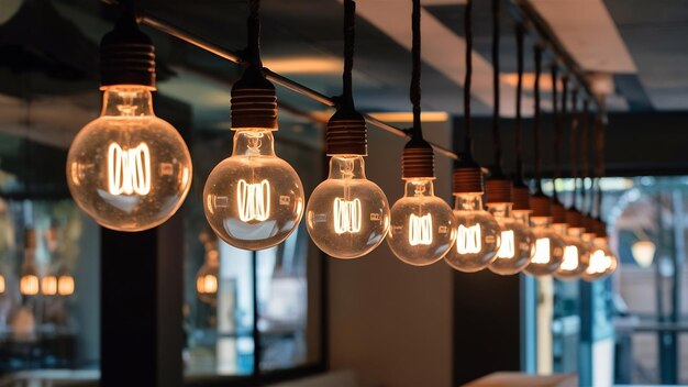 Una fila de bombillas decorativas colgando en un café