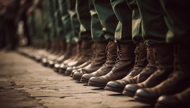 Una fila de botas marrones con la palabra ejército en la parte inferior.