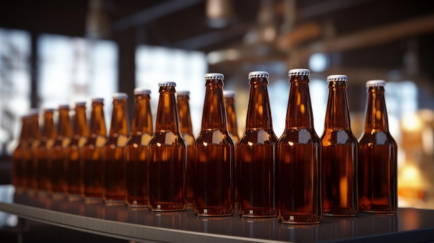 una fila de botellas de cerveza encima de una mesa