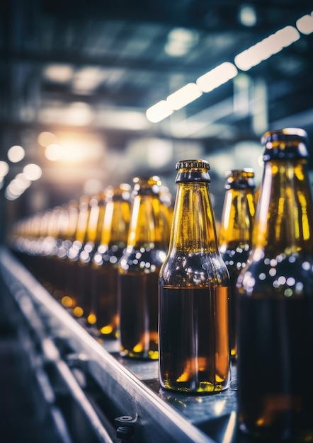 Fila de botellas de cerveza de vidrio marrón que se procesan en una fábrica Ai generativo