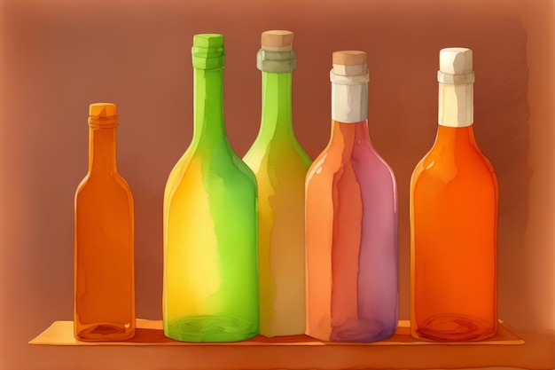 Foto una fila de botellas de colores colocadas encima de un estante