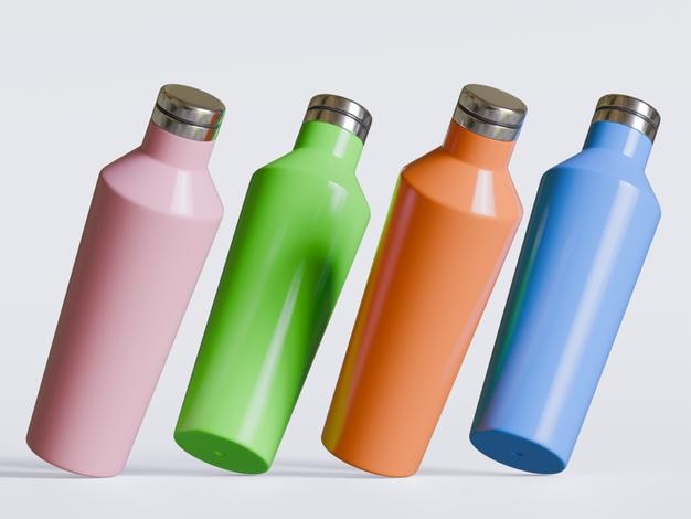 una fila de botellas de colores con una que dice "la parte inferior de la botella es roja"