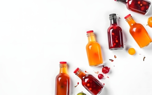 Una fila de botellas de jugo de naranja con una tapa roja y un arándano verde en la parte superior.