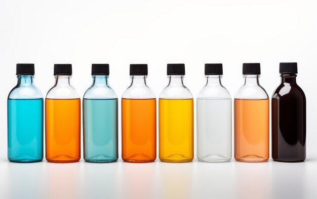 Una fila de botellas llenas de líquidos de diferentes colores