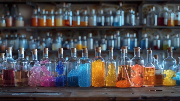 Una fila de botellas llenas de líquidos de diferentes colores