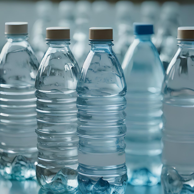 una fila de botellas con la palabra agua en ellas