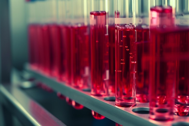 una fila de botellas rosadas con líquido rojo en ellas