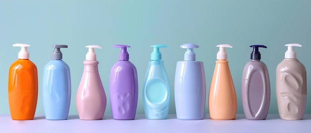 una fila de botellas con una tapa púrpura y una botella azul con una tapa blanca