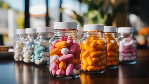 Una fila de botellas de vidrio llenas de pastillas de colores en la mesa a la luz del día
