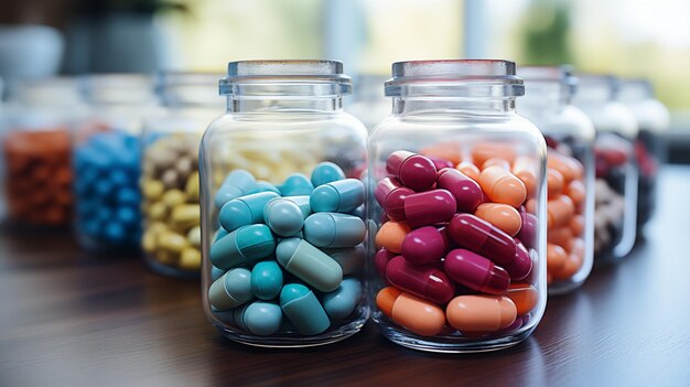 Una fila de botellas de vidrio llenas de pastillas de colores