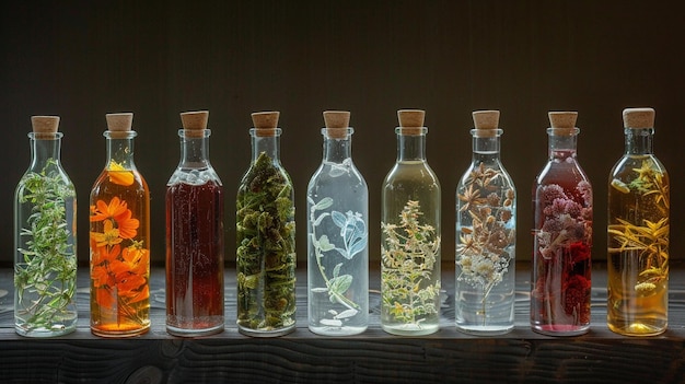 Una fila de botellas de vidrio transparente llenas de diferentes tipos de líquido que muestran una variedad de colores