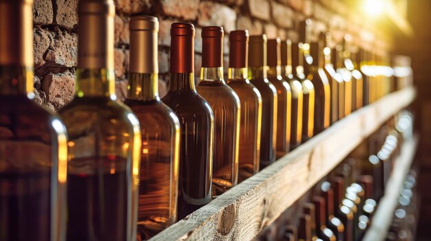 Foto una fila de botellas de vino alineadas en el estante de la bodega