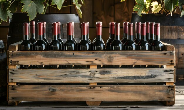 Foto una fila de botellas de vino están en un estante