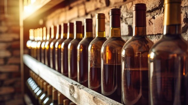 Una fila de botellas de vino en un estante de madera