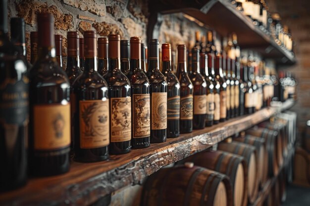 Foto una fila de botellas de vino en un estante de madera