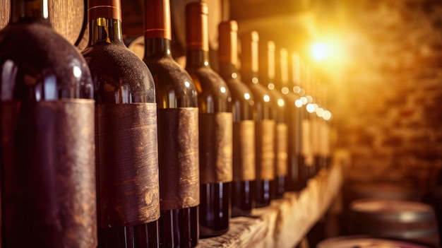 Una fila de botellas de vino en una mesa de madera