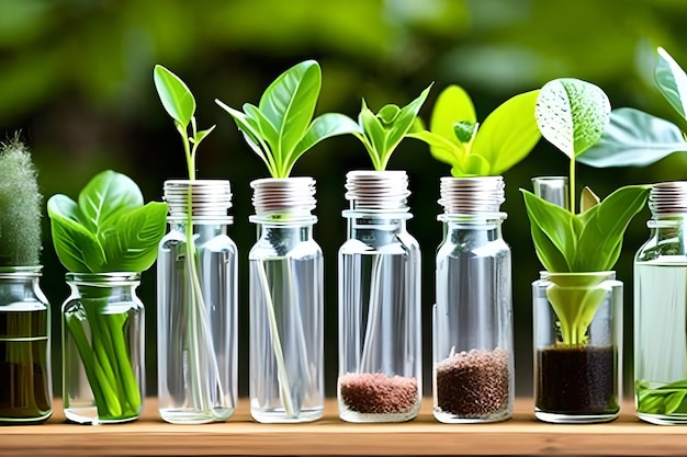 Una fila de botellitas con plantas creciendo de ellas.