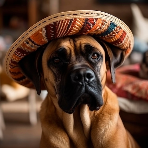 Fila Brasileiro Hund trägt einen nationalen Sombrero Hut lustig süßes Haustier Nahaufnahme Porträt