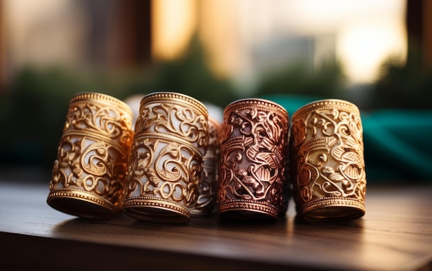 Una fila de brillantes pulseras de oro y plata descansando en una mesa de madera rústica