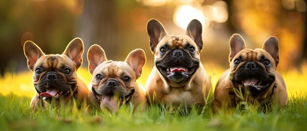 Foto una fila de bulldogs franceses juguetones en la hierba verde cálidamente iluminada