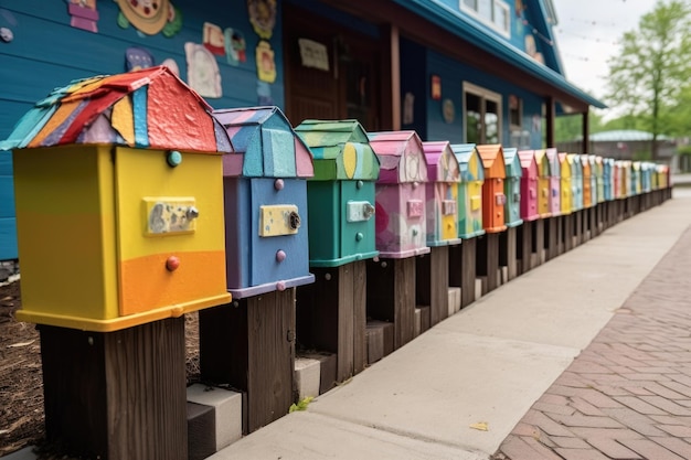 Una fila de buzones coloridos llenos de paquetes y cartas