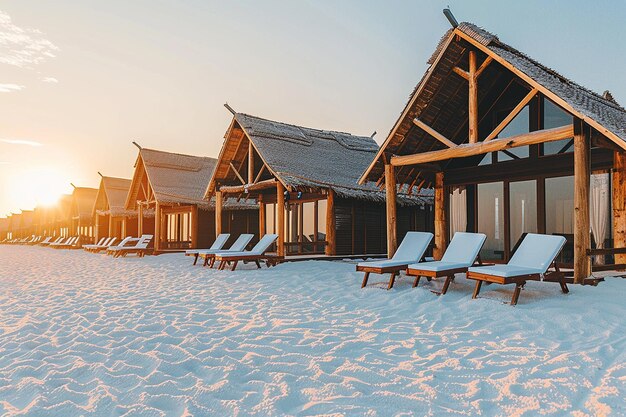 Una fila de cabañas o chozas vacías en la playa