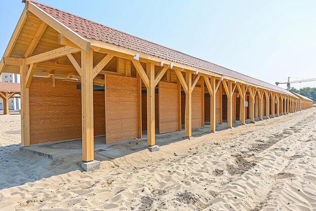 Una fila de cabañas o chozas vacías en la playa