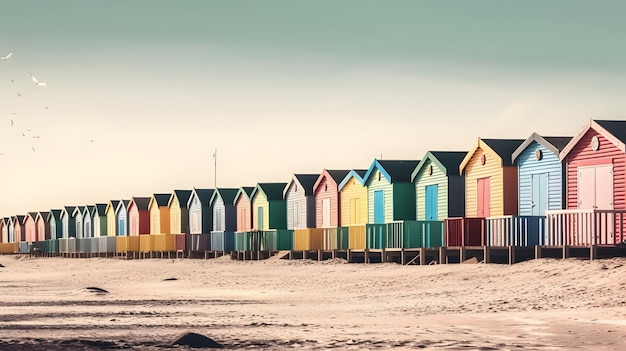 Una fila de cabañas de playa coloridas en una playa