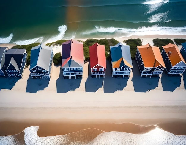 Foto una fila de cabañas de playa con el océano en el fondo