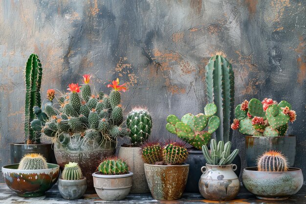 Una fila de cactus y suculentas en macetas de varios tamaños y colores