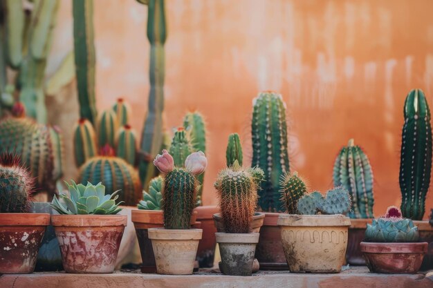 Una fila de cactus de varios tamaños y formas se exhiben en ollas