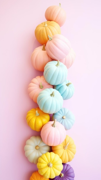 Una fila de calabazas de colores en una imagen de ai generativa de fondo rosa