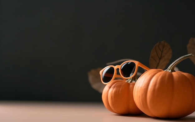 Una fila de calabazas con gafas de sol y un par de gafas de sol sobre una mesa.