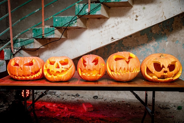 Fila de calabazas para Halloween en mesa de madera