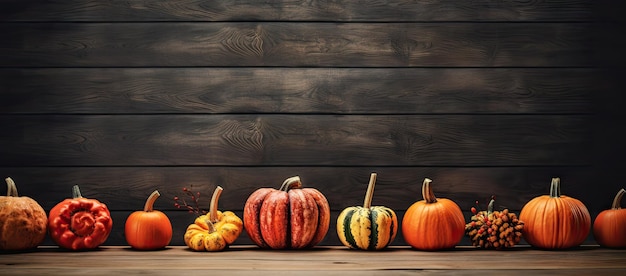 Una fila de calabazas en una mesa de madera