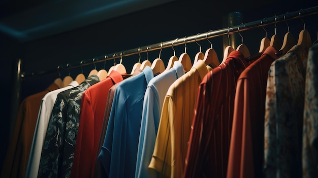 Una fila de camisas coloridas cuelga en un largo estante Una ventana en una tienda de ropa