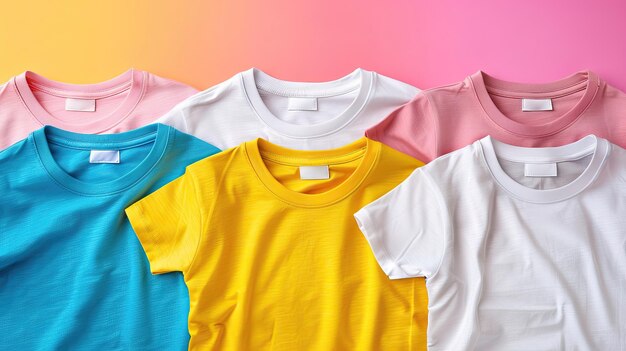 Una fila de camisas de diferentes colores, incluidos azules, amarillos, rosados y blancos