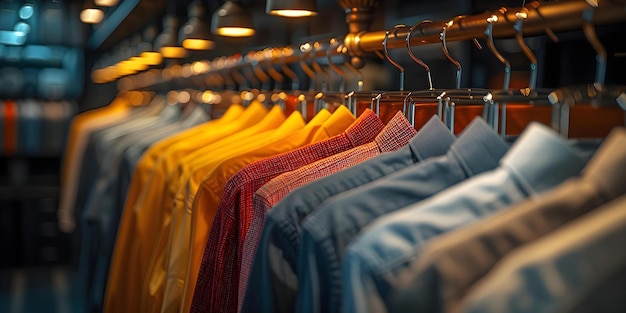 Una fila de camisas limpias en colgadores en un armario de boutique esperando la limpieza en seco que simboliza la elegancia interior y el cuidado textil Concepto de ropa de moda de lujo Mantenimiento Organización de armario de butique