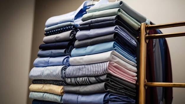 Una fila de camisas de vestido bien planchadas colgando de colgadores de madera