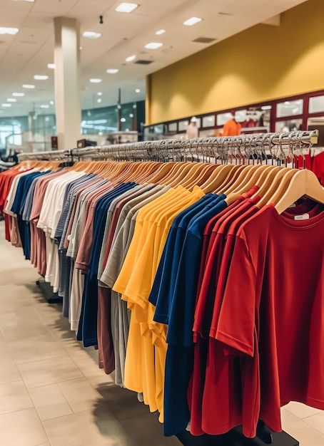 Fila de camisetas de polo de moda para hombre en una percha o estante de madera en una tienda minorista de ropa