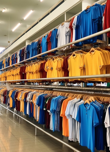 Fila de camisetas de polo de moda para hombre en una percha o estante de madera en una tienda minorista de ropa