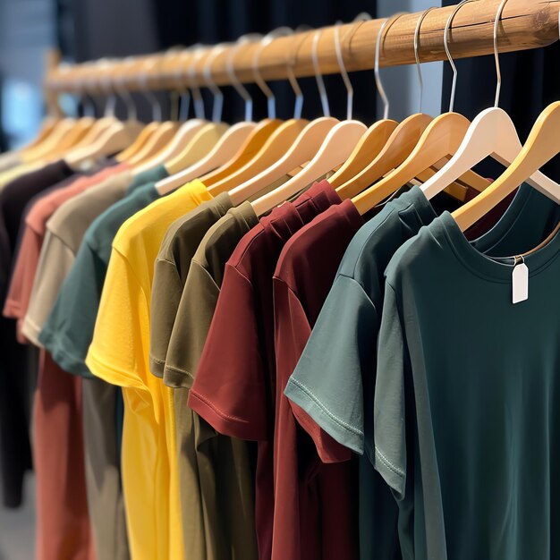 Fila de camisetas de polo de moda para hombre en una percha o estante de madera en una tienda minorista de ropa