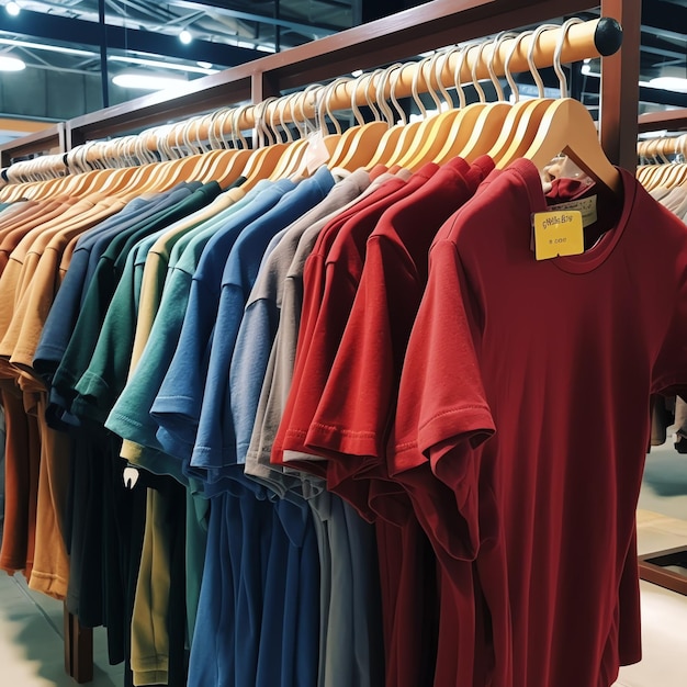 Fila de camisetas de polo de moda para hombre en una percha o estante de madera en una tienda minorista de ropa