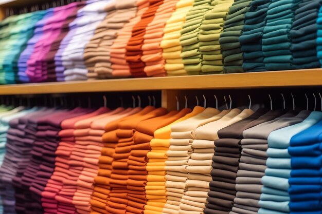 Fila de camisetas de polo de moda para hombre en una percha o estante de madera en una tienda minorista de ropa